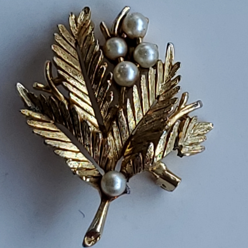 Roma Signed Vintage Gold Tone Faux Pearl Flowers Plant Brooch Pin